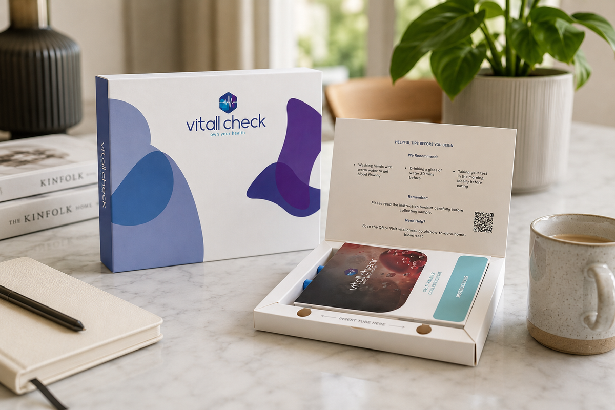 A Vitall Check home blood test kit, opened on a table, showing the collection tube and instructions